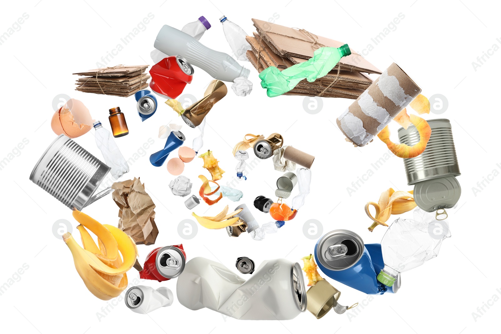 Image of Lots of different garbage flying on white background