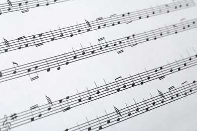 Paper sheet with musical notes, closeup view