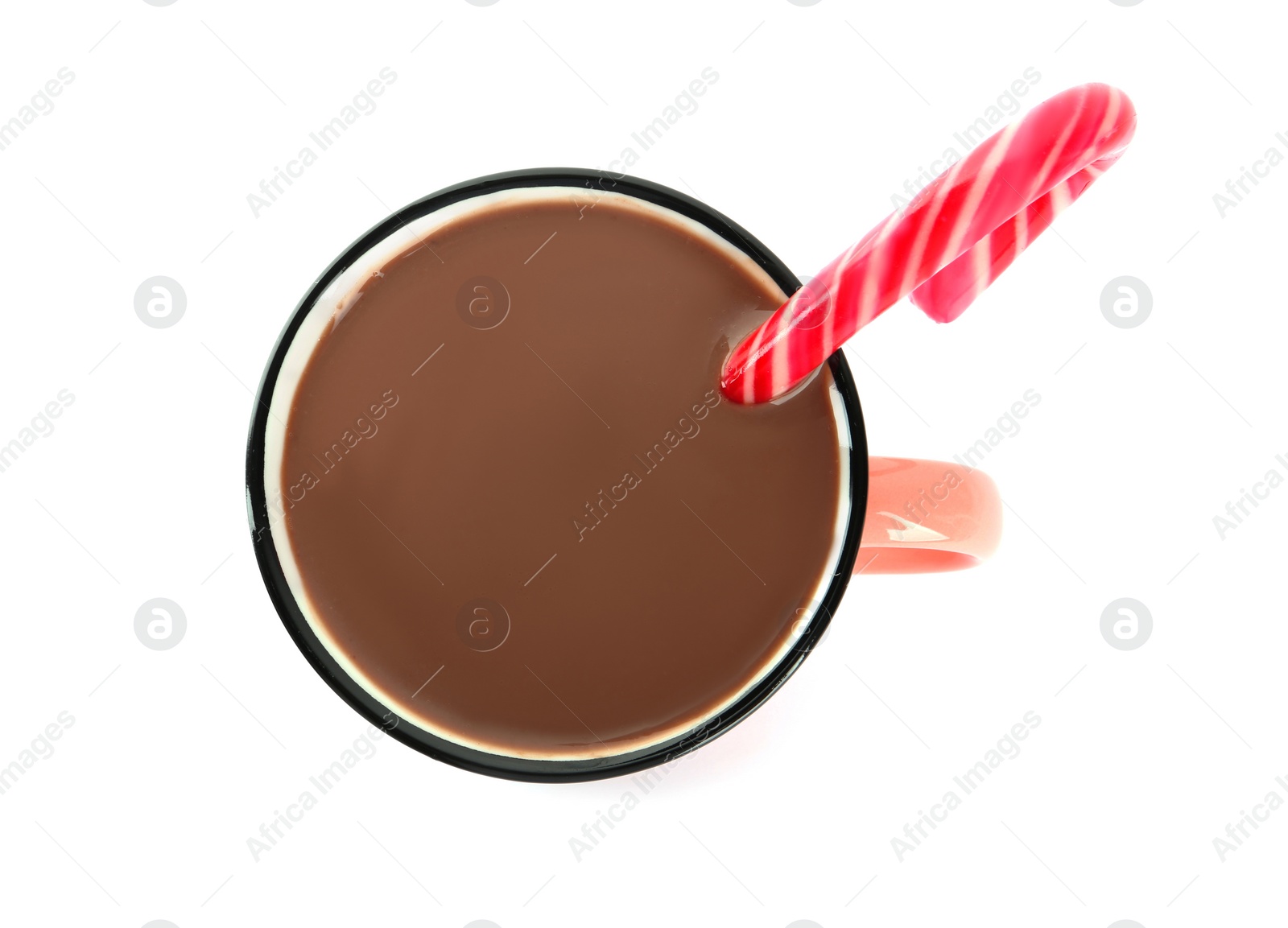 Photo of Cup of delicious hot chocolate with candy canes isolated on white, top view