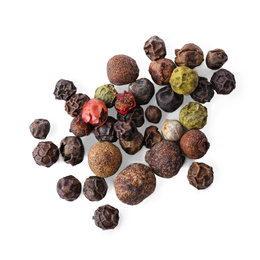 Photo of Heap of mixed peppercorns isolated on white, top view