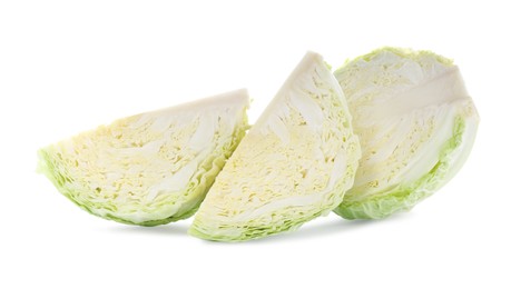 Photo of Pieces of fresh cabbage on white background