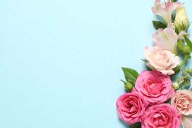 Photo of Happy Mother's Day. Beautiful flowers on light blue background, flat lay. Space for text