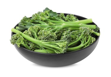 Photo of Bowl with fresh raw broccolini isolated on white. Healthy food