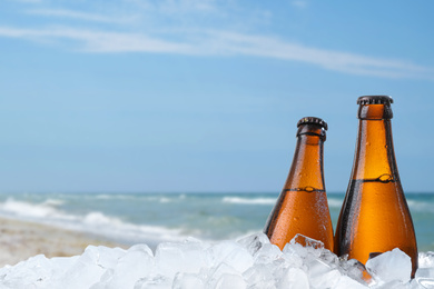 Image of Bottles of beer and ice cubes against blurred sea. Space for text