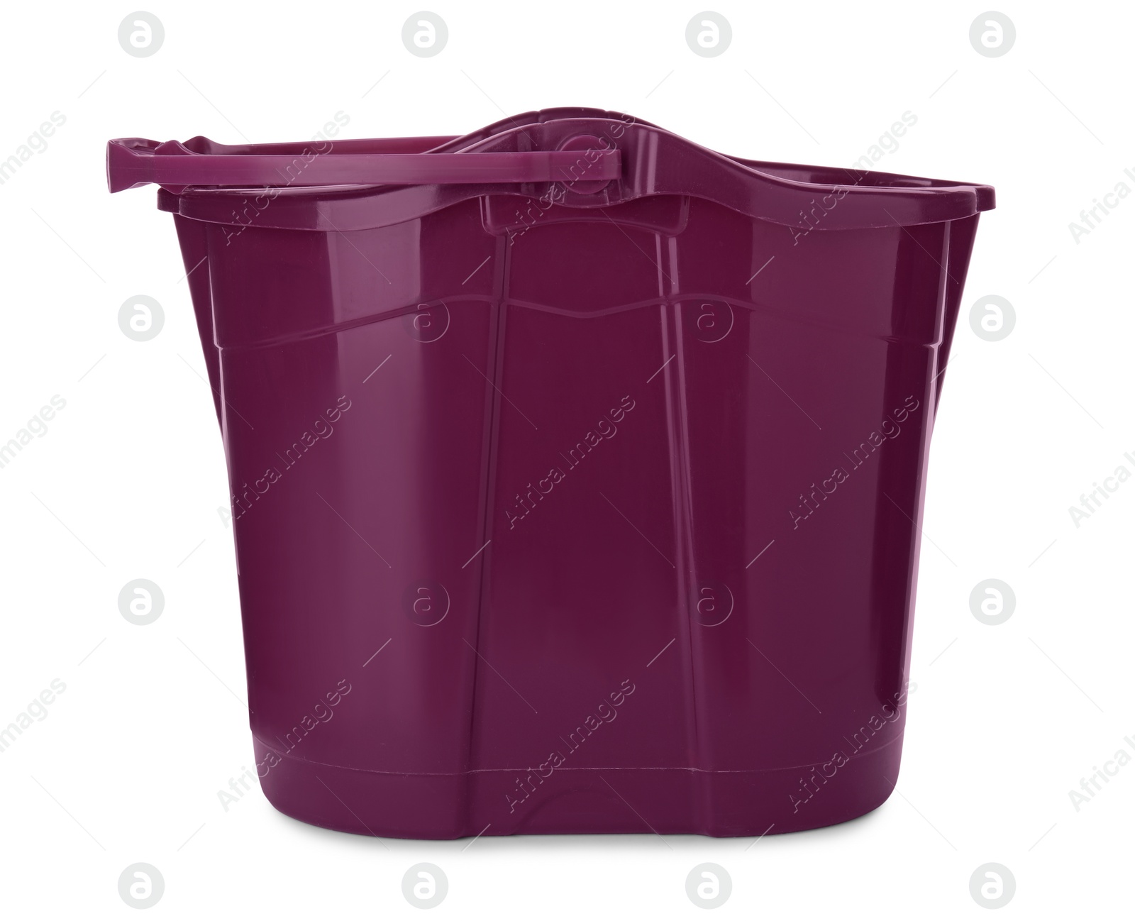 Photo of Empty purple bucket for cleaning isolated on white