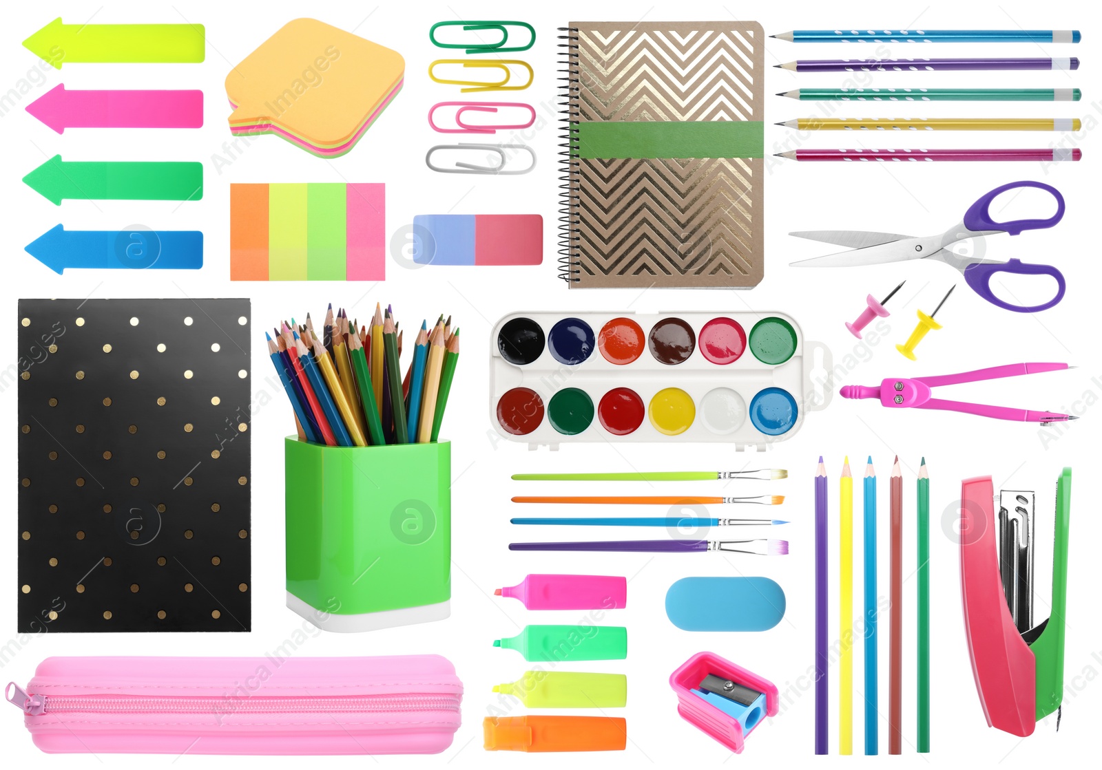 Image of Set of bright school stationery on white background