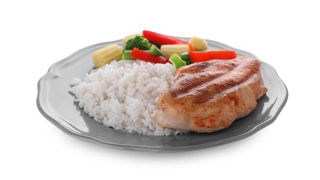 Photo of Plate with grilled chicken breast, rice and vegetables isolated on white