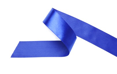 Photo of Beautiful blue ribbon isolated on white, top view
