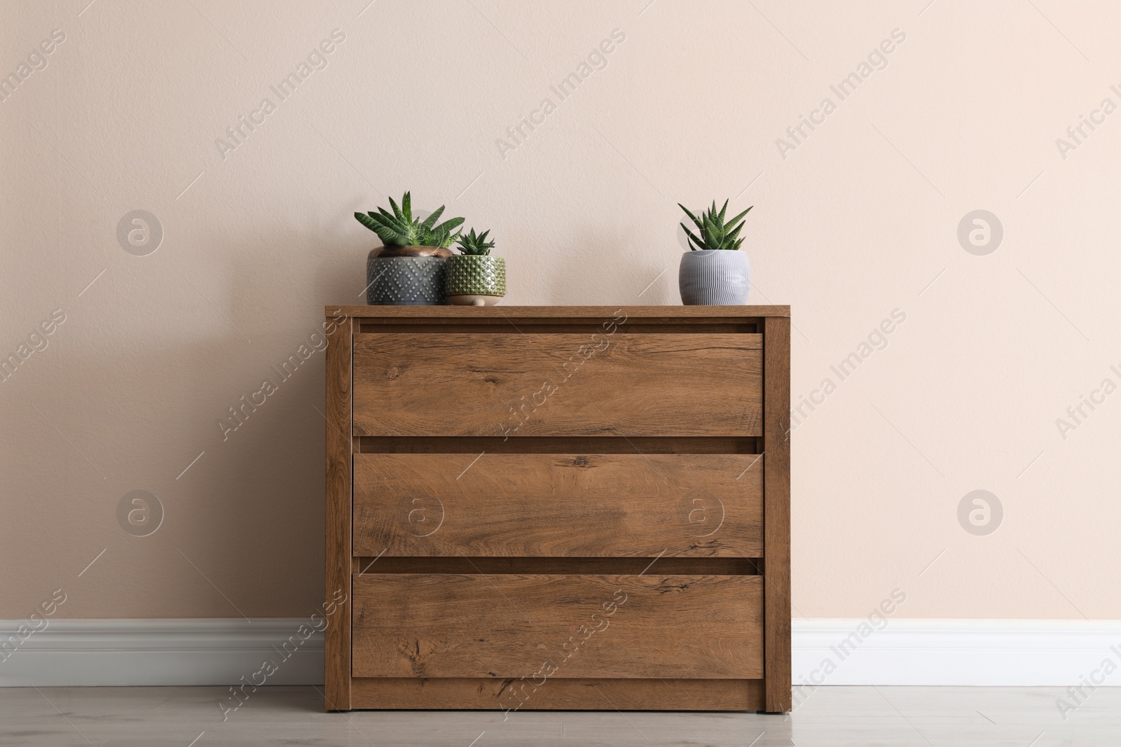 Photo of Wooden chest of drawers with houseplants near beige wall