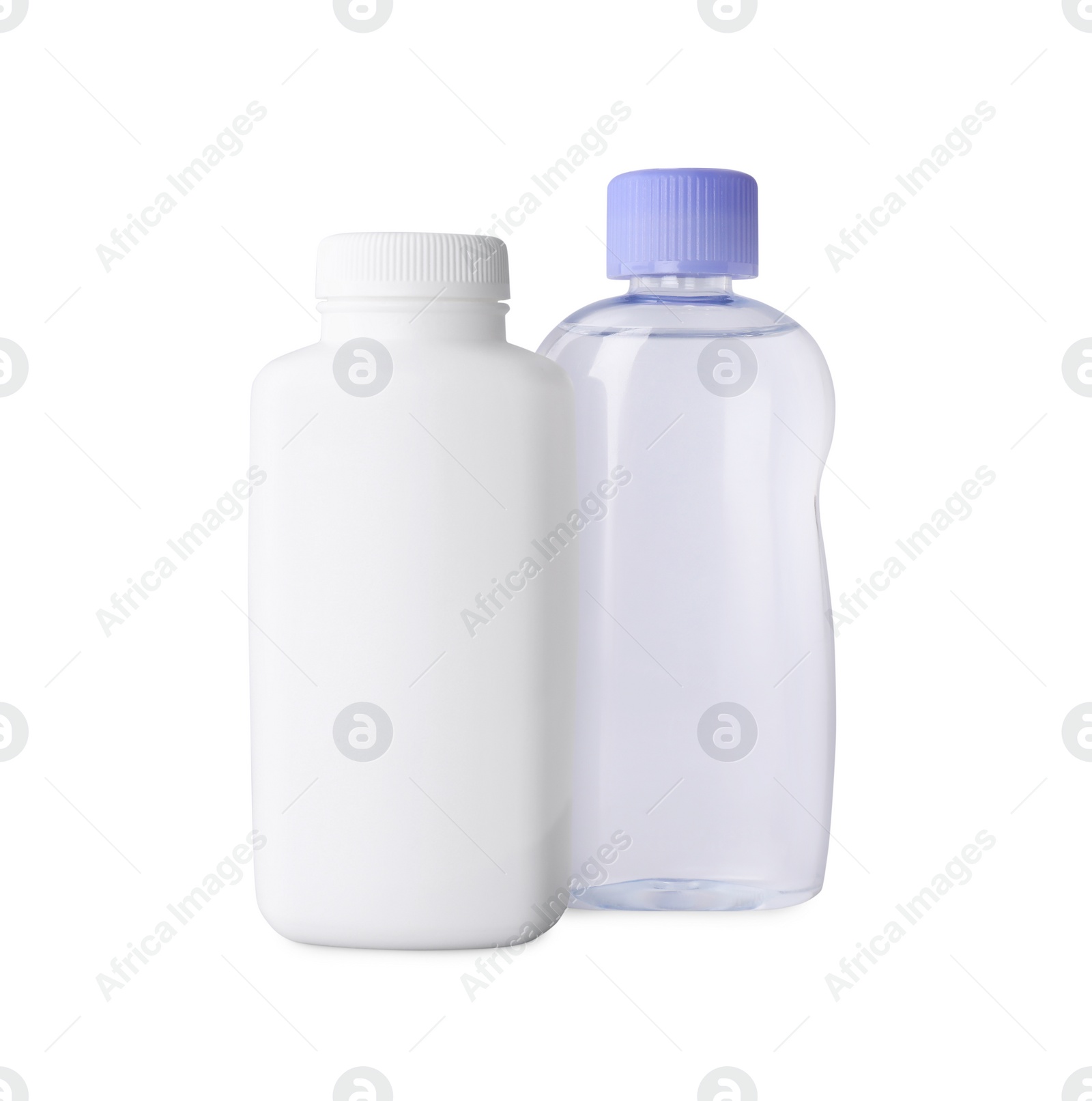 Photo of Blank bottles with baby cosmetic products isolated on white