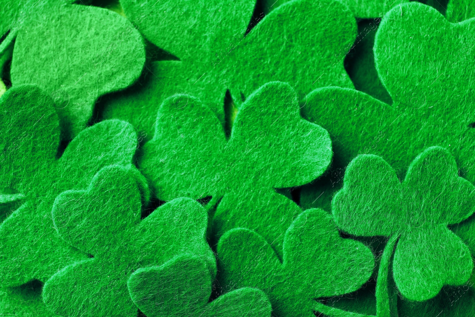 Photo of Green clover leaves as background, top view. St. Patrick's Day celebration