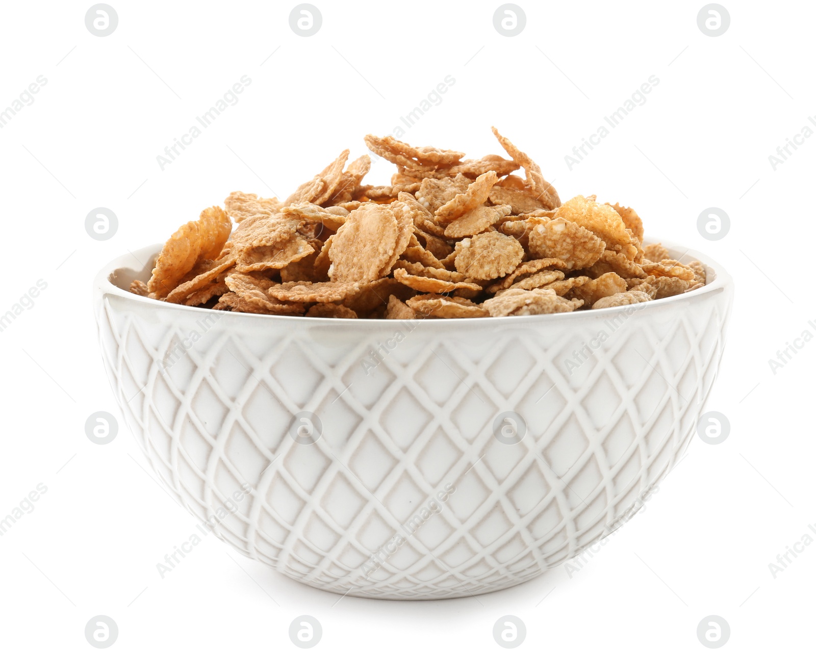 Photo of Bowl with wheat flakes on white background. Healthy grains and cereals