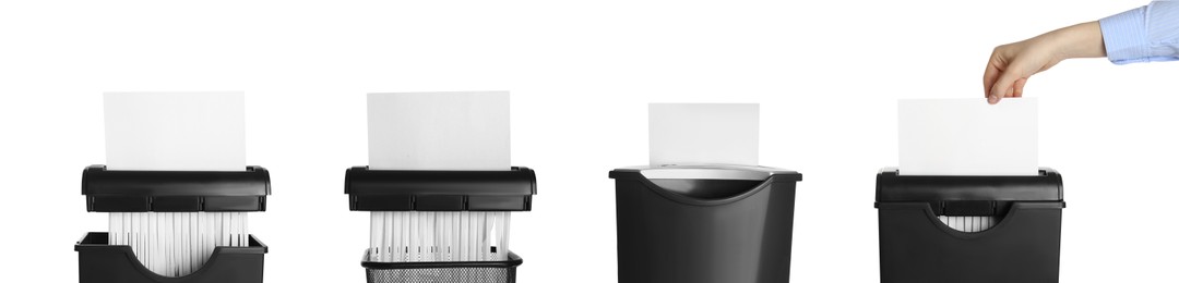 Destroying paper with shredders on white background, collage. Banner design