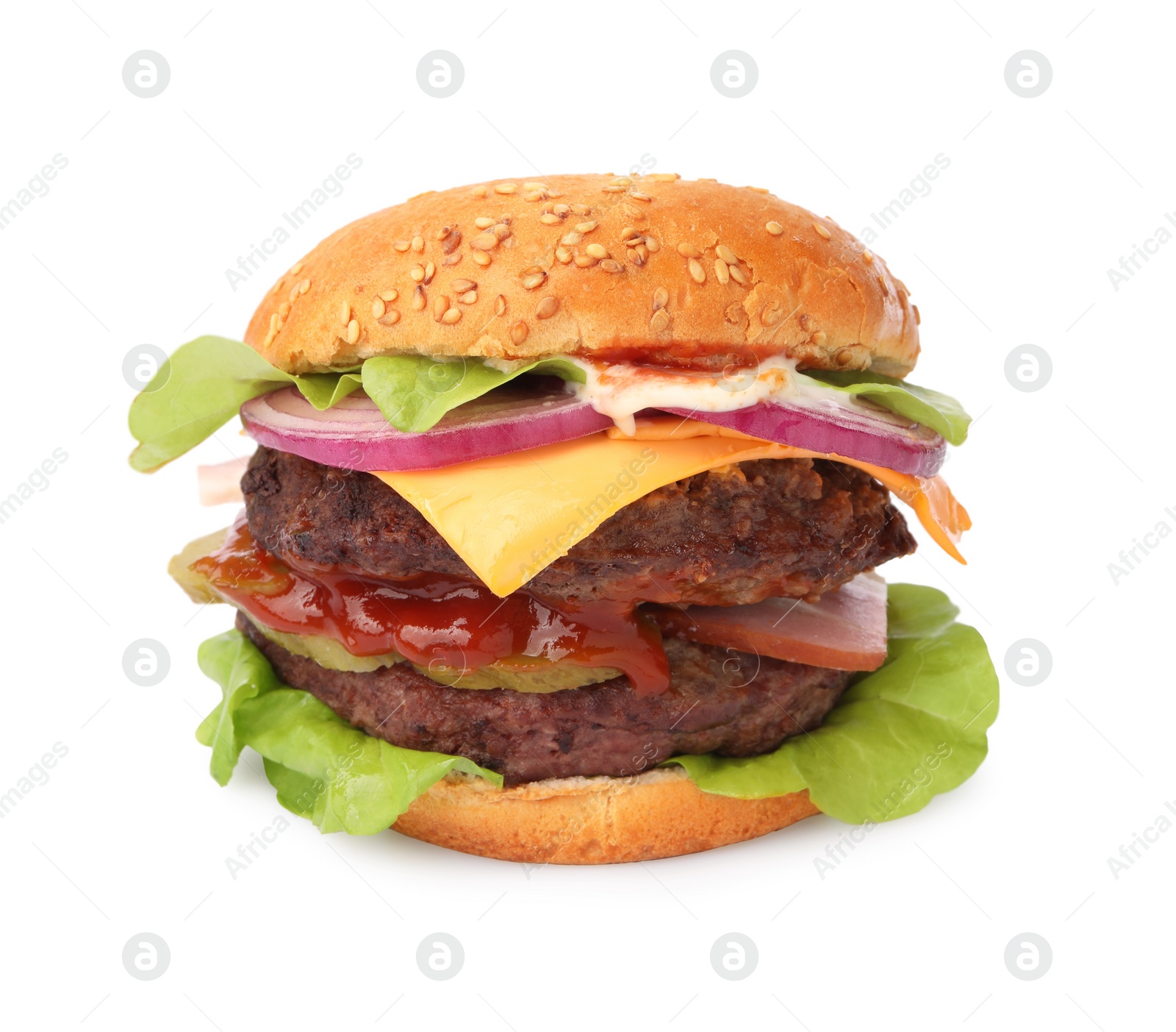 Photo of Tasty cheeseburger with patties and tomato isolated on white
