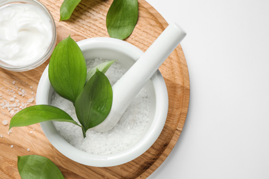 Photo of Composition with bath salt on white background, top view. Spa treatment