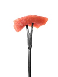 Photo of Fondue fork with piece of raw meat isolated on white