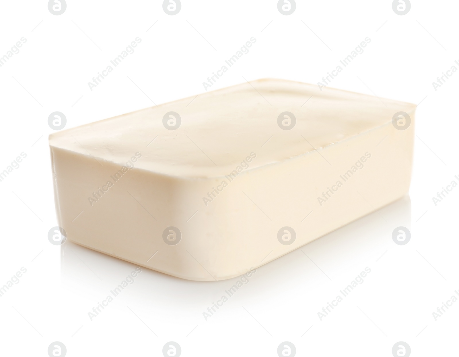 Photo of Tasty creamy feta cheese on white background