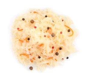 Photo of Tasty sauerkraut with carrot and peppercorns on white background, top view