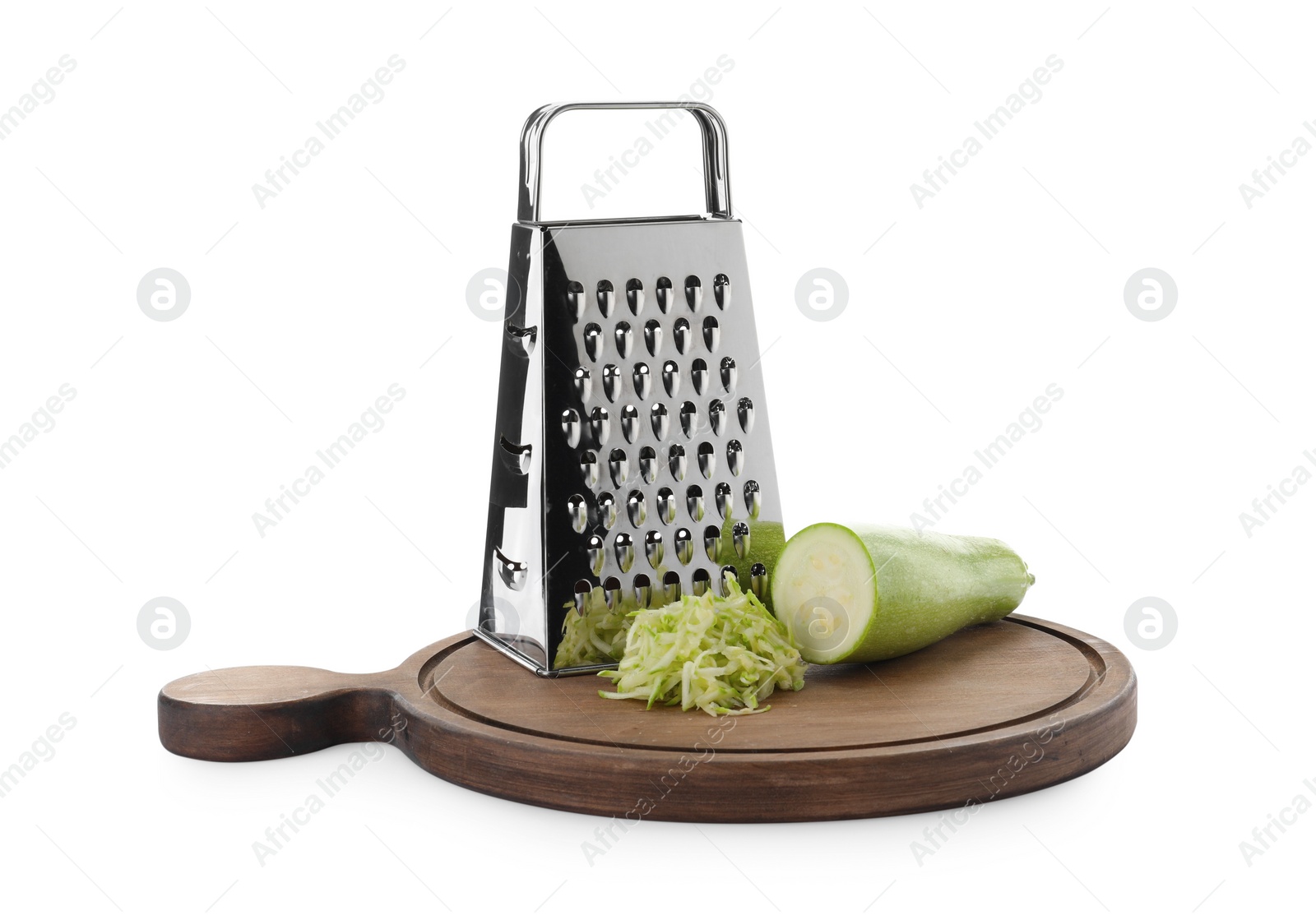 Photo of Stainless steel grater and fresh squash on white background