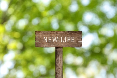 Image of Start to live without alcohol addiction. Wooden signpost with inscription NEW LIFE on blurred green background