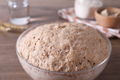 Fresh sourdough in bowl on table, closeup