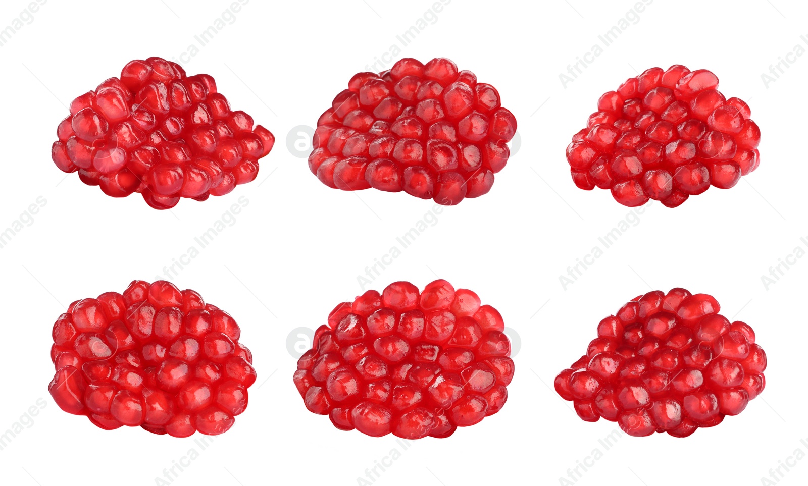 Image of Ripe juicy pomegranate seeds on white background, collage 