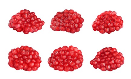 Image of Ripe juicy pomegranate seeds on white background, collage 