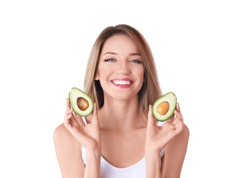 Photo of Portrait of young beautiful woman with ripe delicious avocado on white background