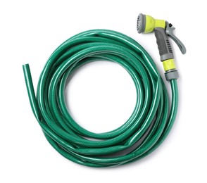 Photo of Green rubber watering hose with nozzle isolated on white, top view