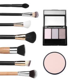 Set with different decorative cosmetics and brushes on white background 