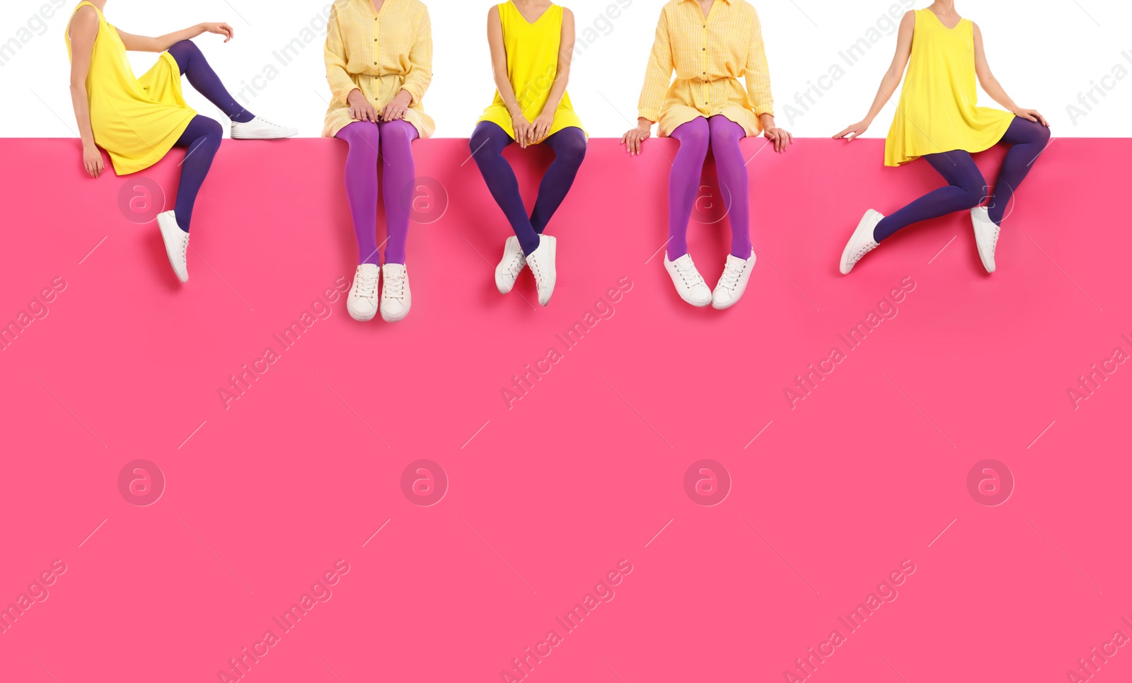 Image of Women wearing different bright tights and stylish shoes sitting on color background, closeup 