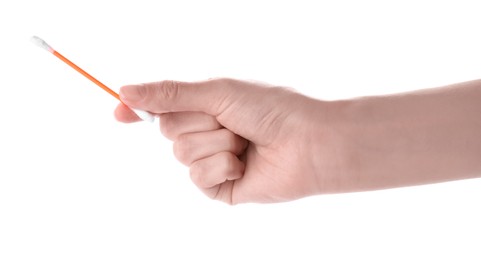 Woman holding cotton bud on white background