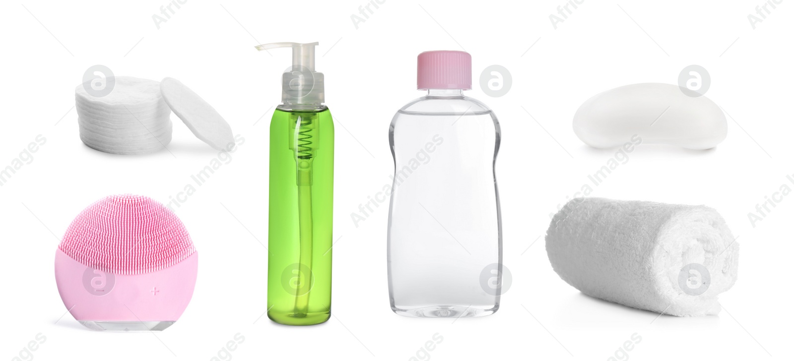 Image of Set with cosmetic products and tools for cleansing on white background. Banner design