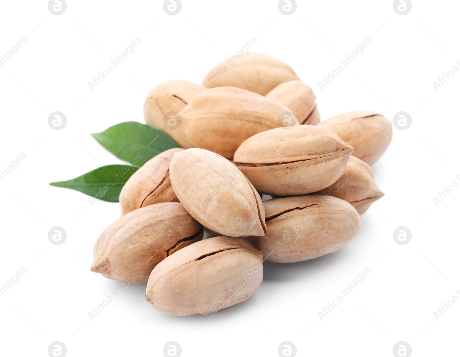 Photo of Heap of pecan nuts in shell and leaves on white background