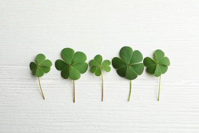 Photo of Clover leaves on white wooden table, flat lay. St. Patrick's Day symbol