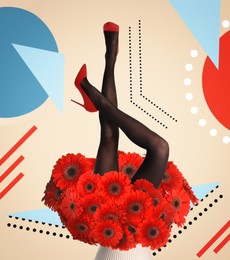 Image of Creative art collage about femininity, style and fashion. Woman sticking out of vase with gorgeous red gerbera flowers on bright background