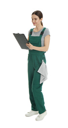 Full length portrait of professional auto mechanic with clipboard and rag on white background