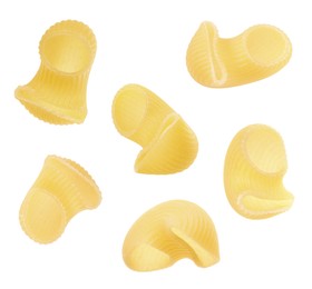 Raw horns pasta isolated on white, set