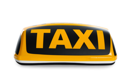 Photo of Yellow taxi roof sign isolated on white