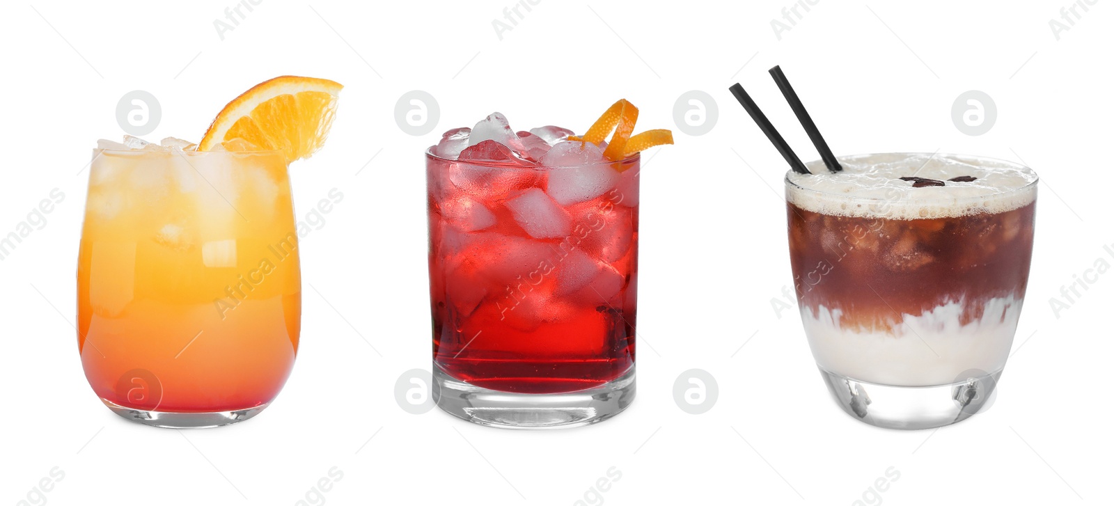 Image of Set of tasty alcoholic cocktails on white background