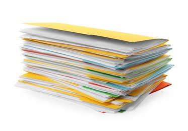 Stack of different files with documents on white background