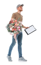 Photo of Delivery man with beautiful flower bouquet isolated on white