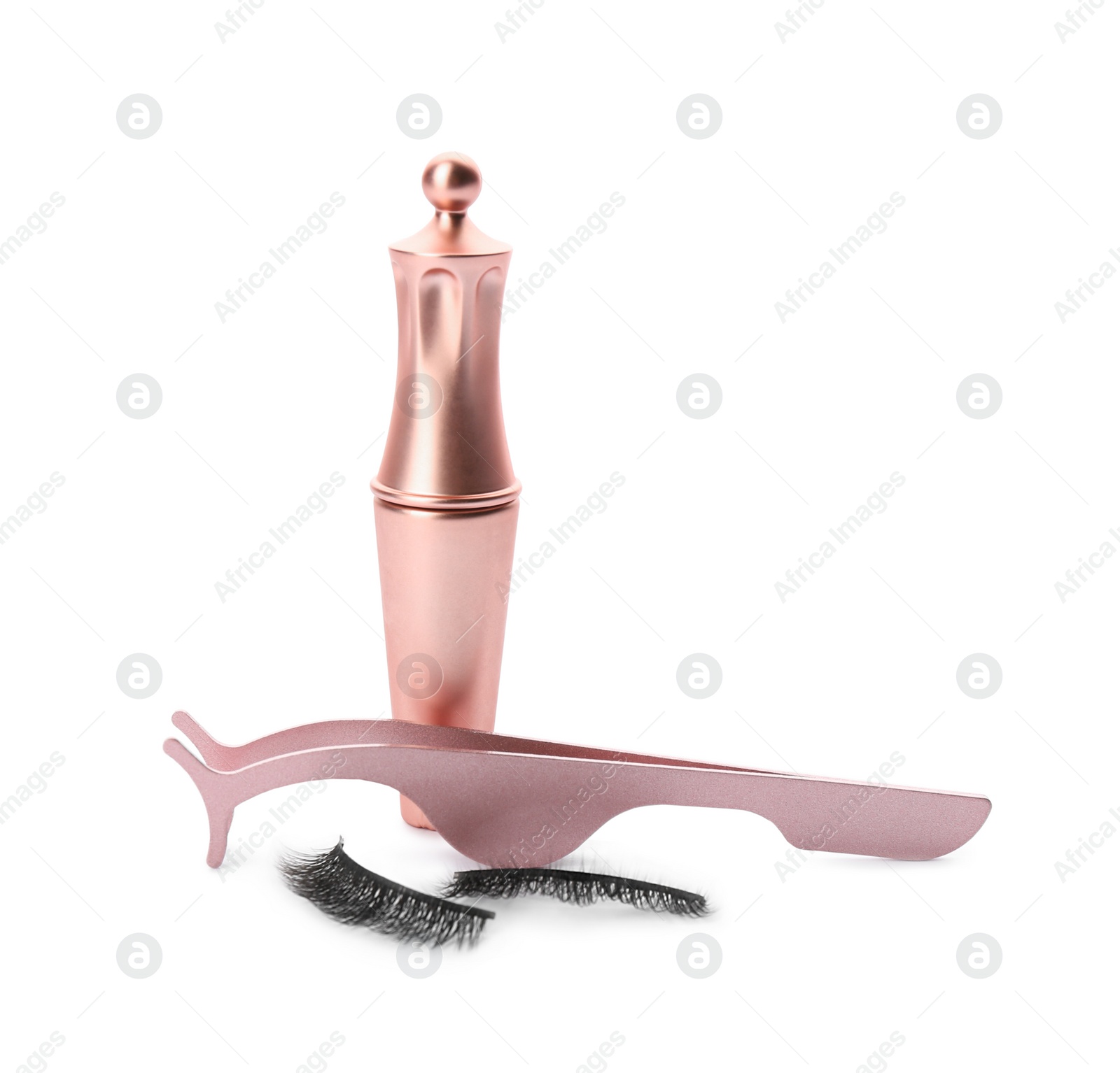 Photo of Magnetic eyelashes, eyeliner and tweezers on white background