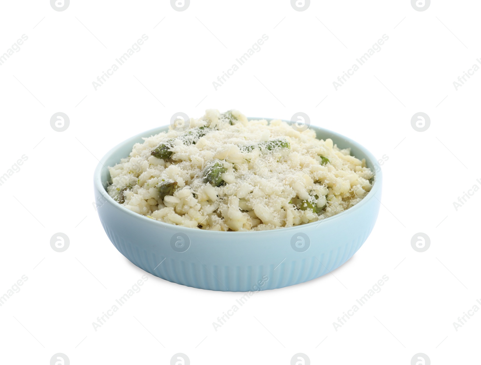 Photo of Delicious risotto with asparagus isolated on white