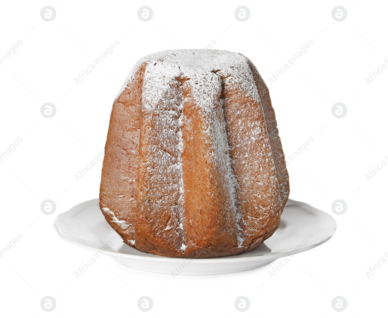 Photo of Delicious Pandoro cake decorated with powdered sugar isolated on white. Traditional Italian pastry