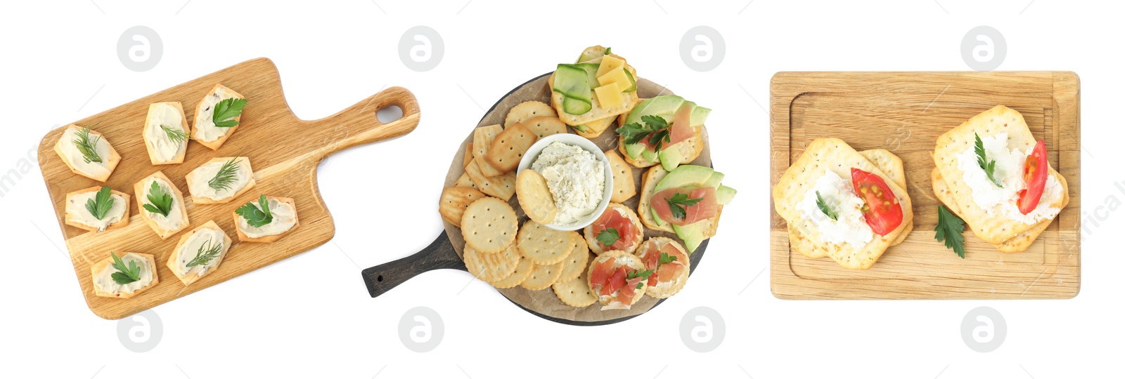 Image of Delicious crackers with different toppings isolated on white, top view