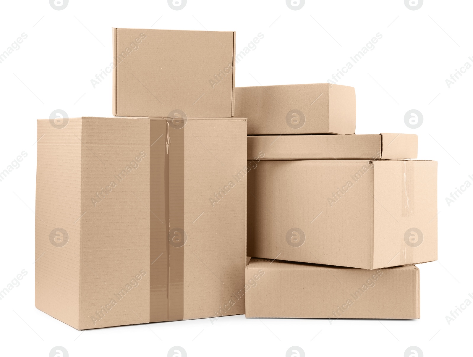 Photo of Pile of cardboard boxes on white background