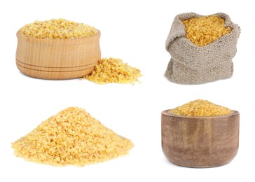 Image of Collage with uncooked bulgur on white background