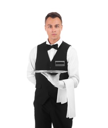 Photo of Waiter holding metal tray on white background