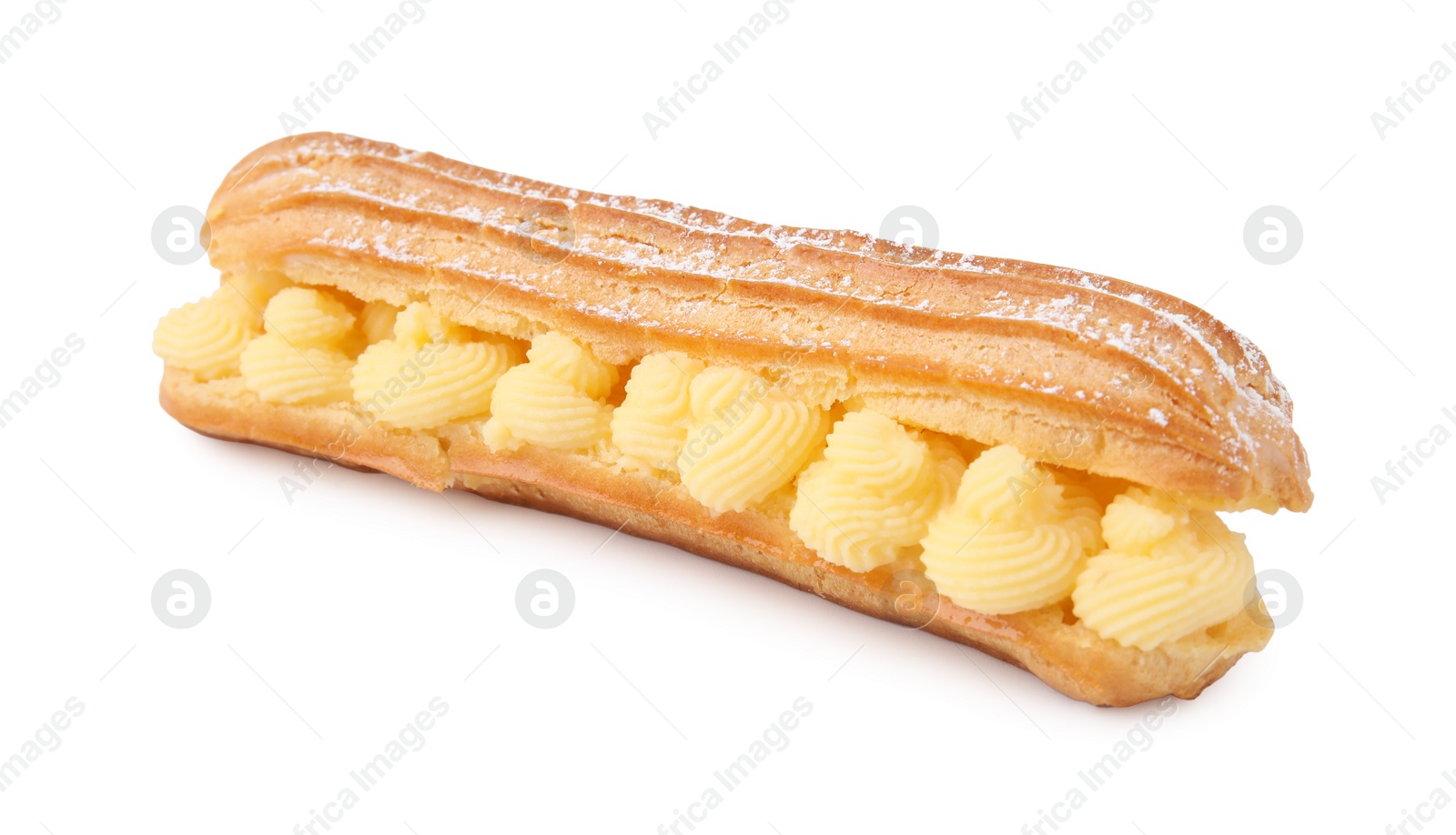 Photo of Delicious eclair filled with cream isolated on white